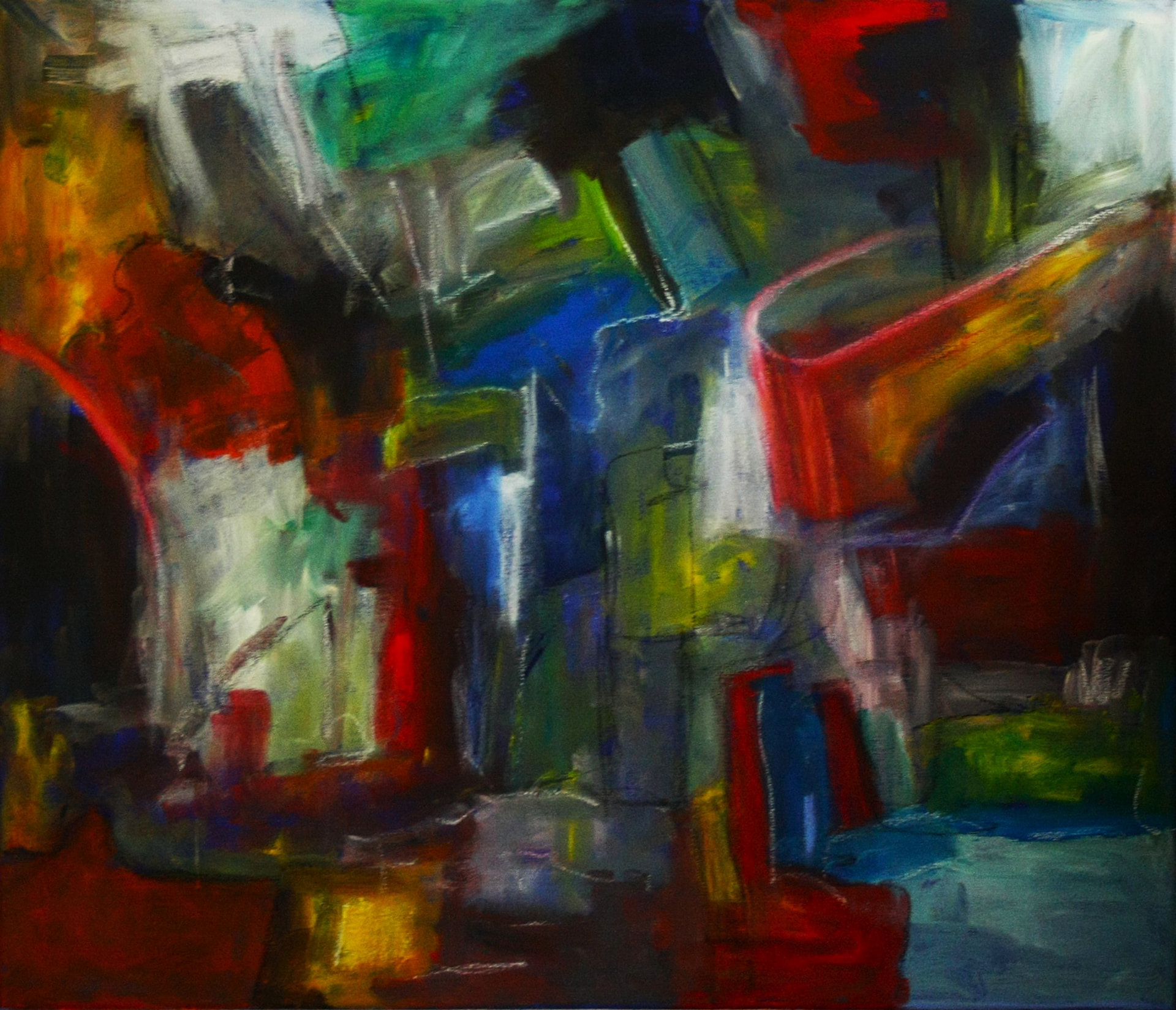 Expressive Komposition in Rot, Grün, Blau und Gelb