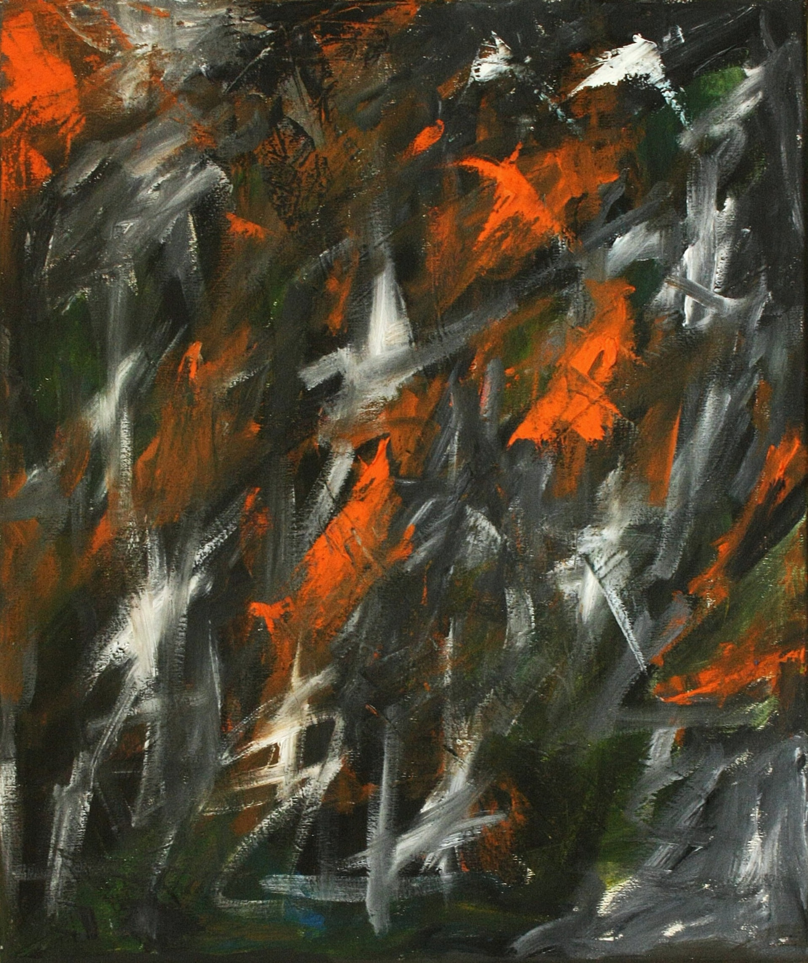 Expressive Komposition in Schwarz, Grau und leuchtendem Orange