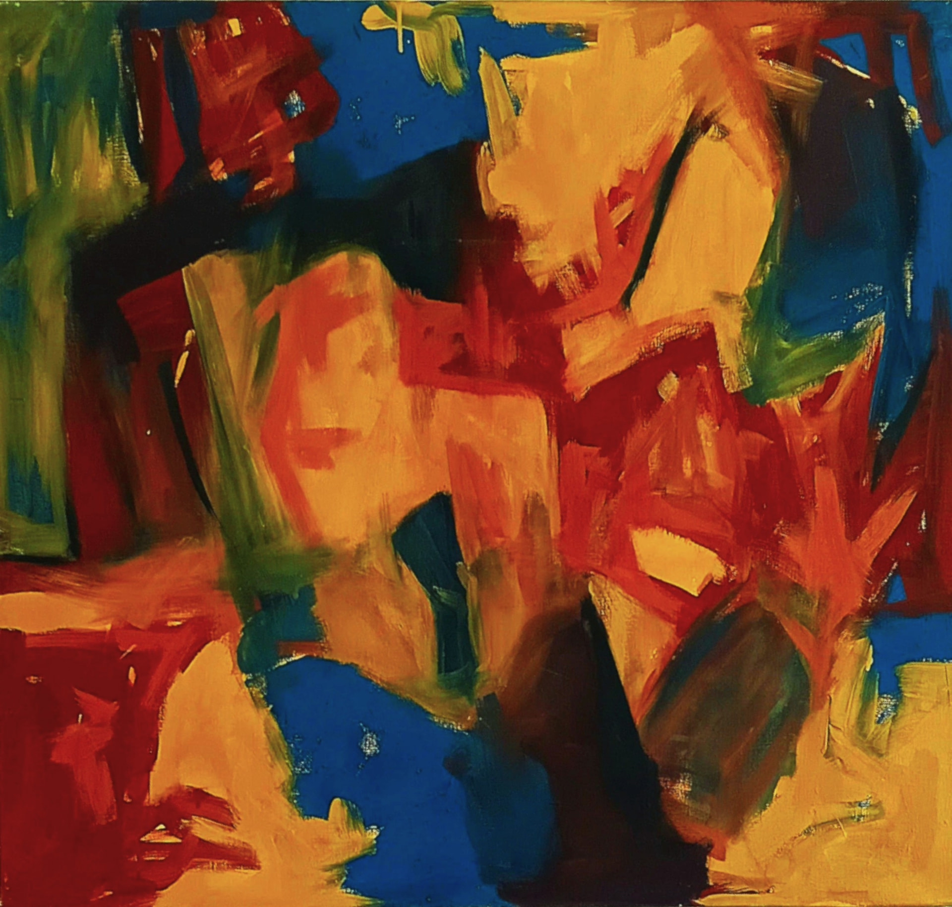 Abstrakte Komposition in warmem Orange und Rot mit blauen Akzenten